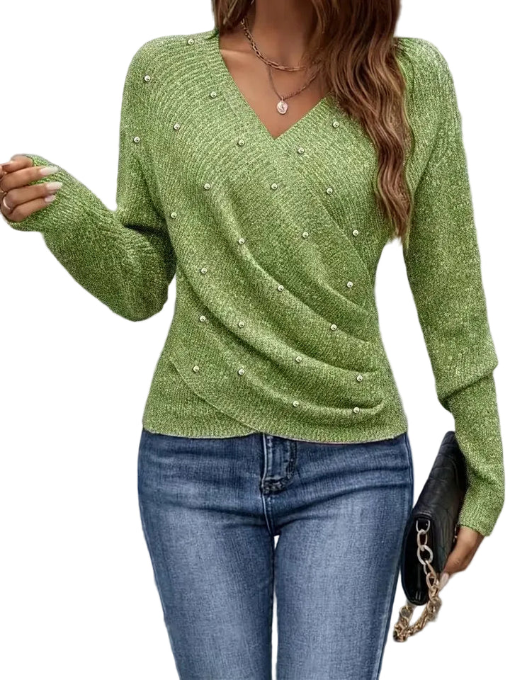 Women’s V-Neck Wrap-Front Sweater with Stud Accents