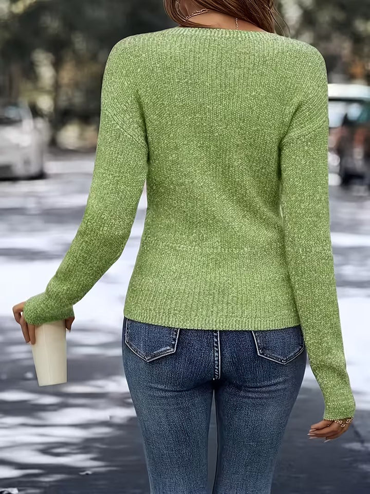Women’s V-Neck Wrap-Front Sweater with Stud Accents