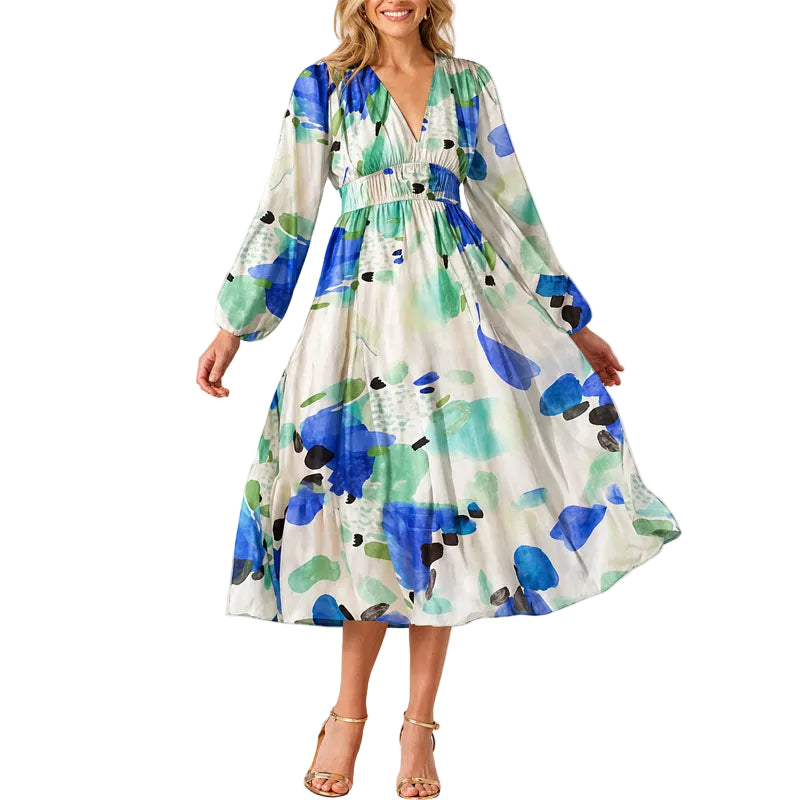 Women's Abstract Floral V-Neck Midi Dress