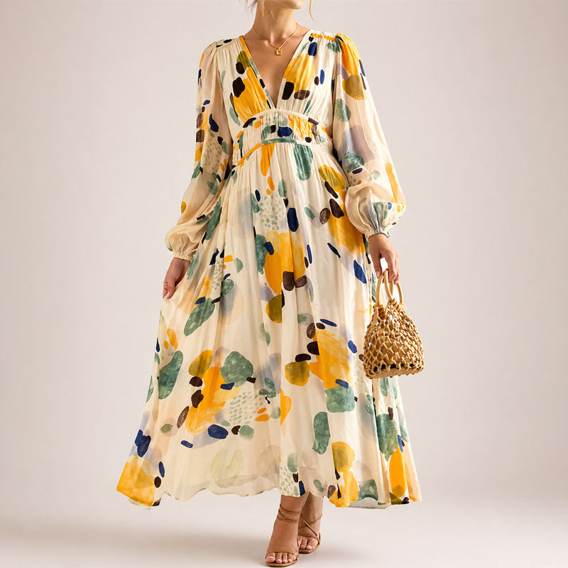 Women's Abstract Floral V-Neck Midi Dress