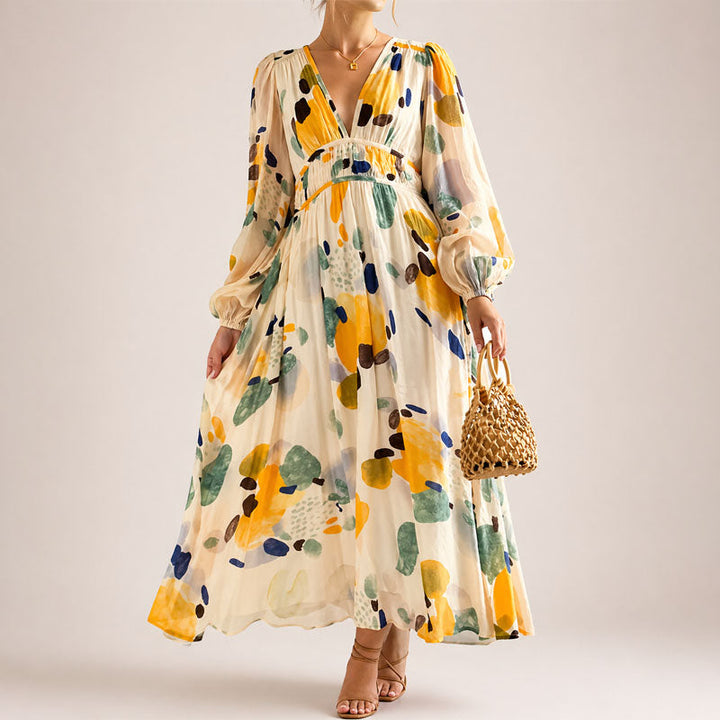 Women's Abstract Floral V-Neck Midi Dress