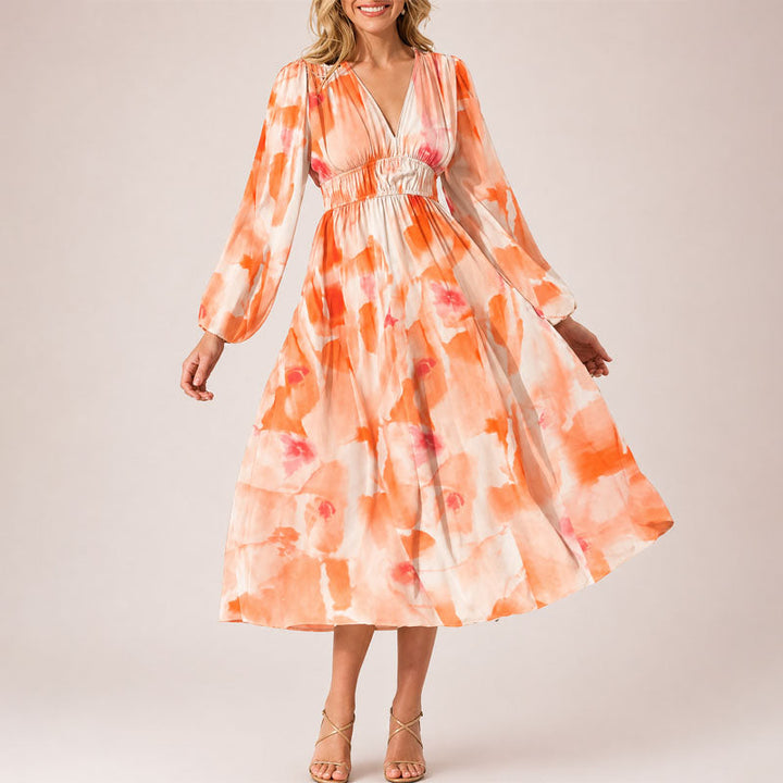 Women's Abstract Floral V-Neck Midi Dress