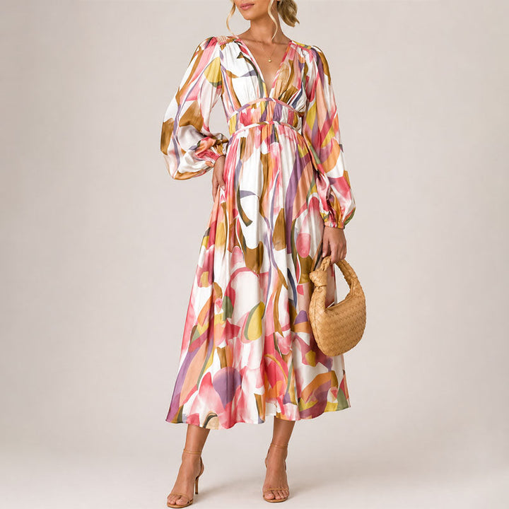 Women's Abstract Floral V-Neck Midi Dress