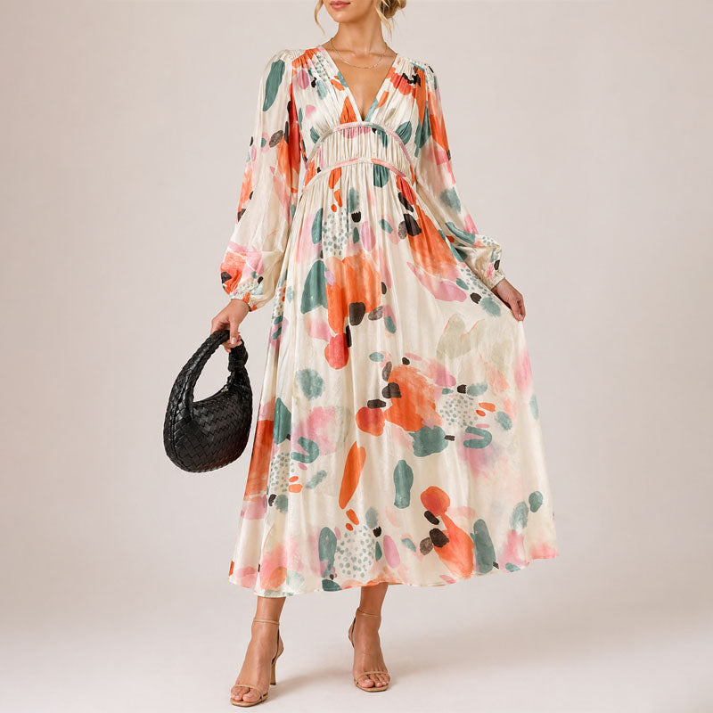 Women's Abstract Floral V-Neck Midi Dress