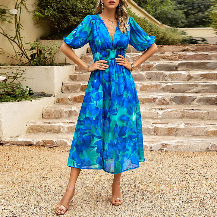 Women's Abstract Print Puff Sleeve Midi Dress