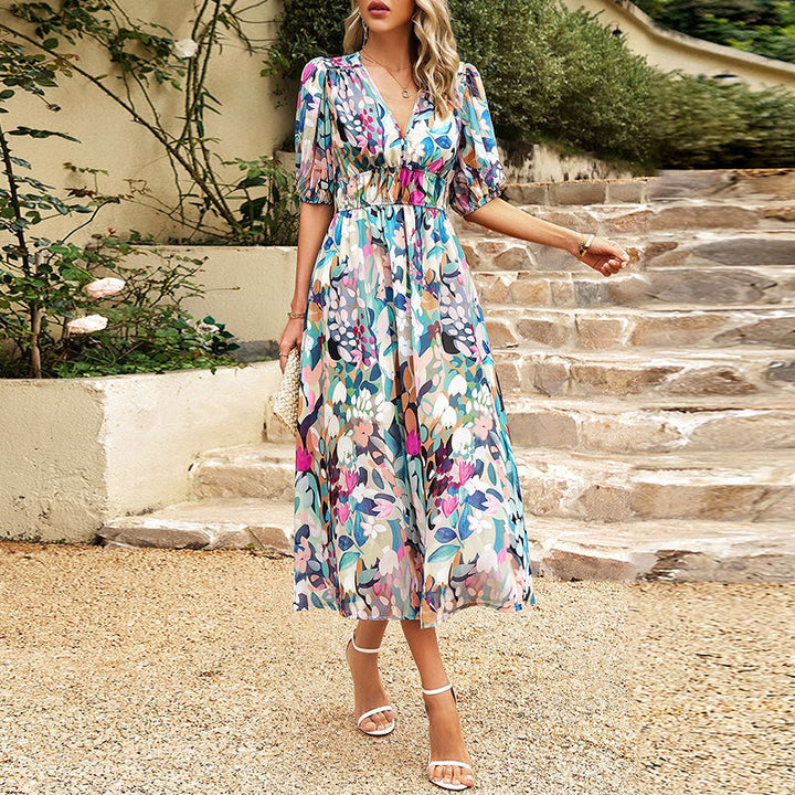 Women's Abstract Print Puff Sleeve Midi Dress