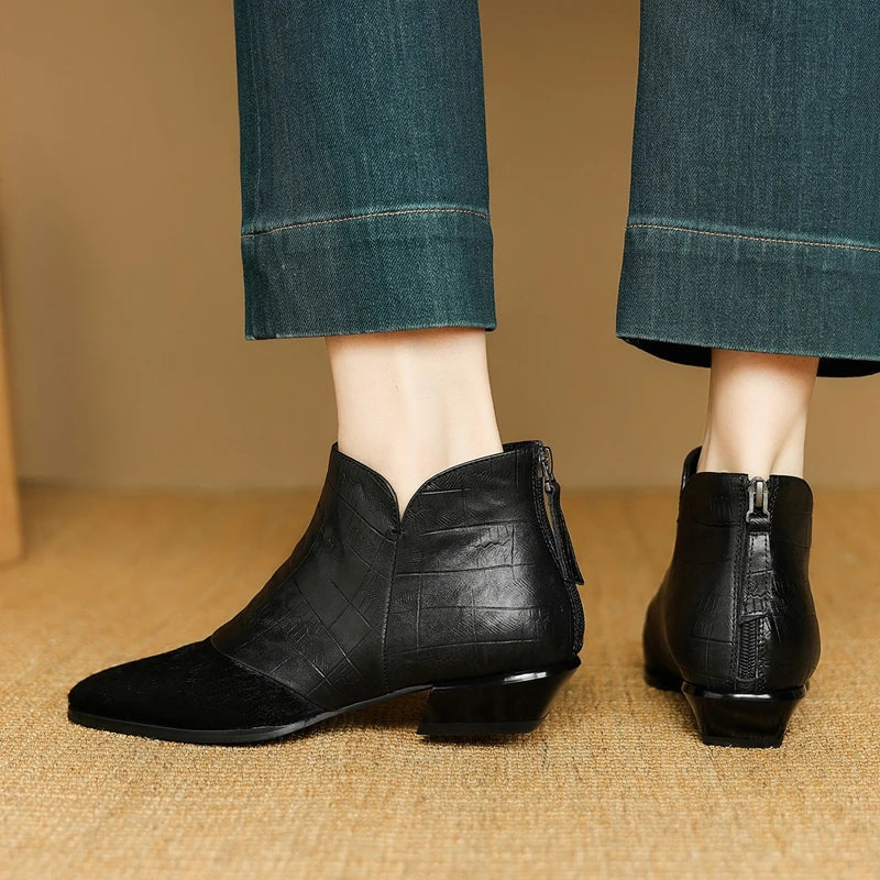 Women's Ankle Boots with Low Stacked Heel and Seam Detailing