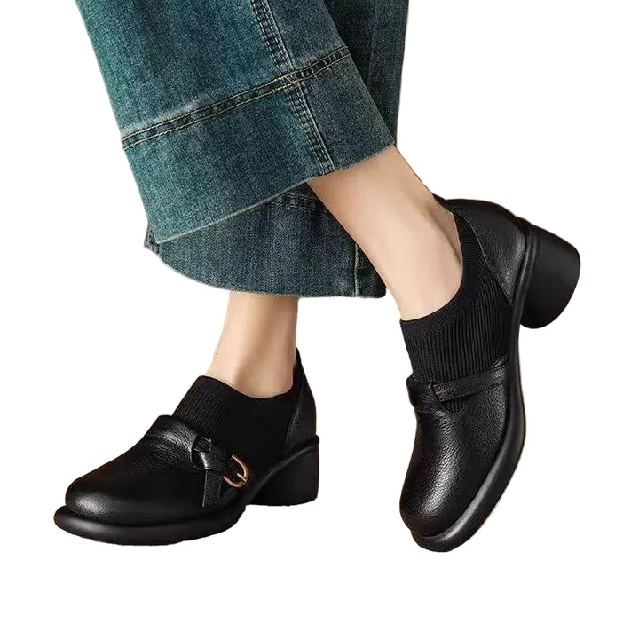Women's Block Heel Mary Jane Shoes with Buckle Strap and Textured Panel