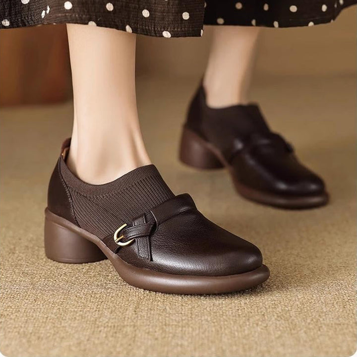 Women's Block Heel Mary Jane Shoes with Buckle Strap and Textured Panel