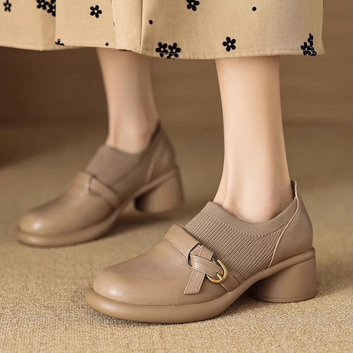 Women's Block Heel Mary Jane Shoes with Buckle Strap and Textured Panel
