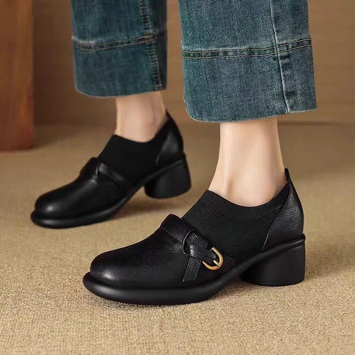 Women's Block Heel Mary Jane Shoes with Buckle Strap and Textured Panel