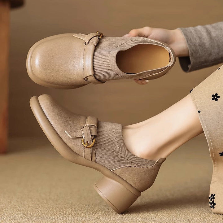 Women's Block Heel Mary Jane Shoes with Buckle Strap and Textured Panel