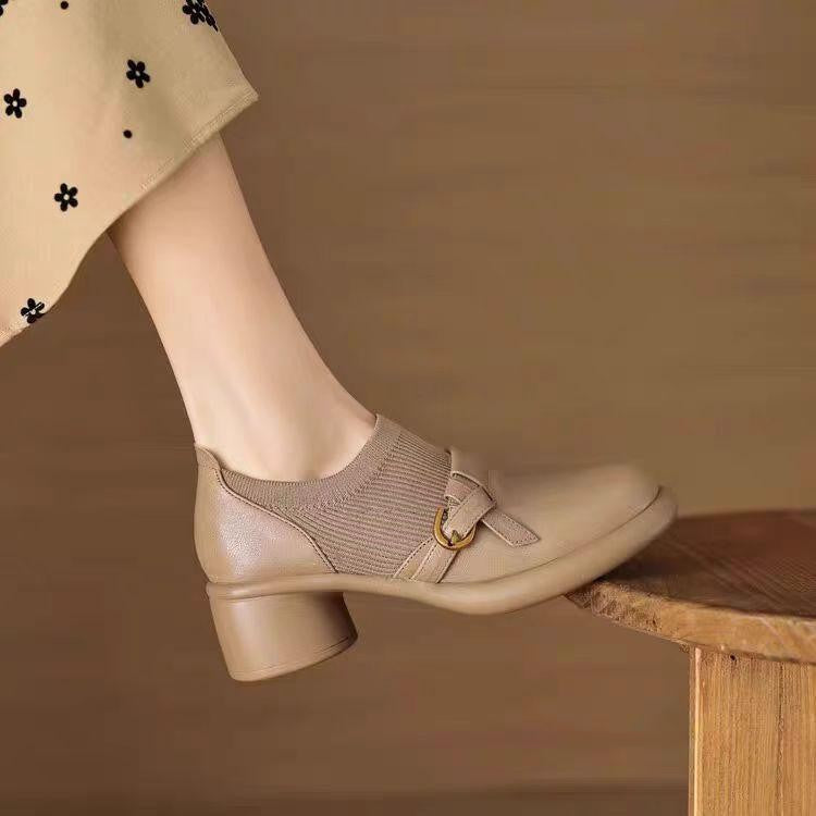 Women's Block Heel Mary Jane Shoes with Buckle Strap and Textured Panel
