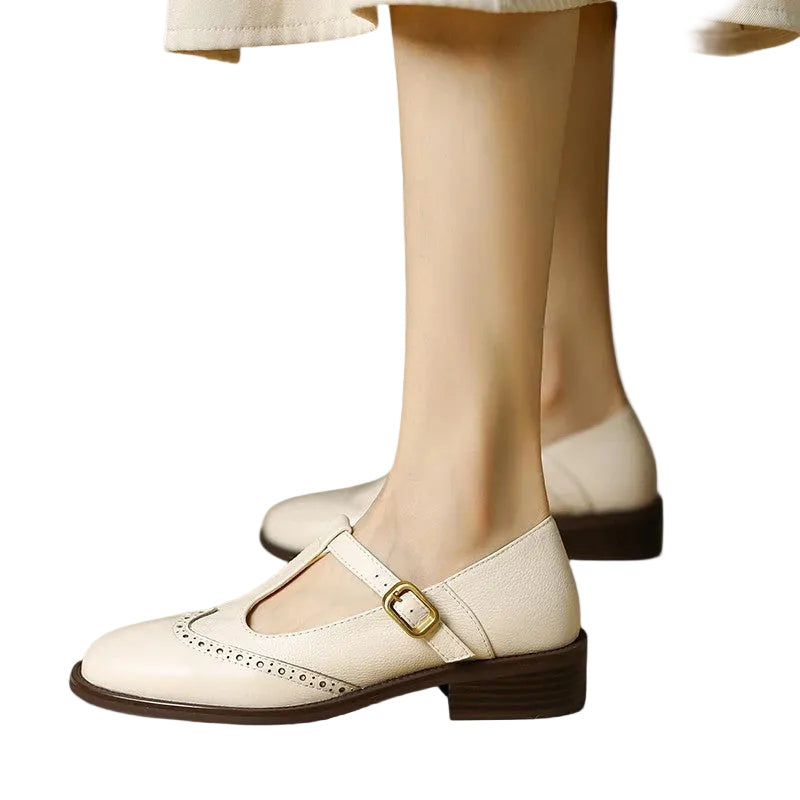 Women's Brogue Mary Jane Low Heels with T-Strap Buckle