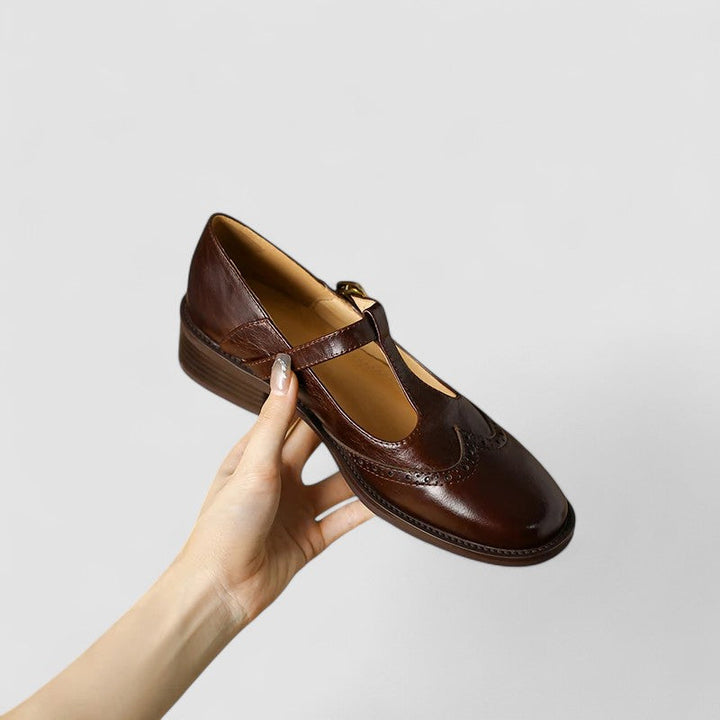 Women's Brogue Mary Jane Low Heels with T-Strap Buckle