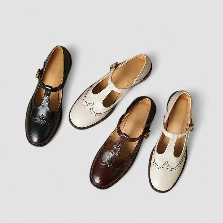 Women's Brogue Mary Jane Low Heels with T-Strap Buckle