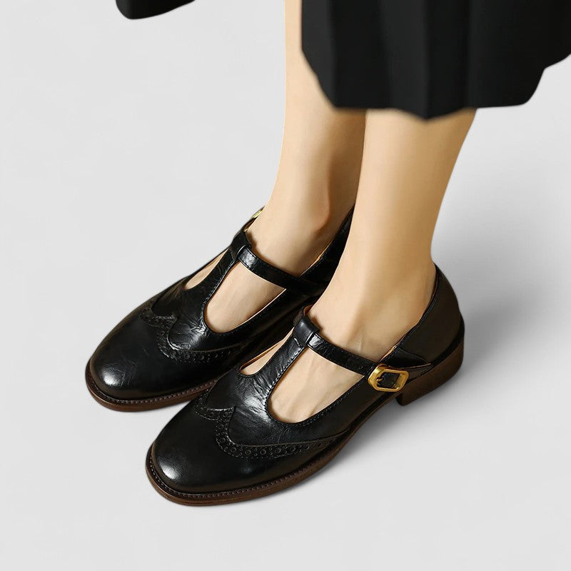 Women's Brogue Mary Jane Low Heels with T-Strap Buckle