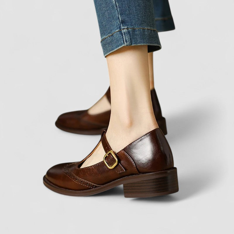 Women's Brogue Mary Jane Low Heels with T-Strap Buckle