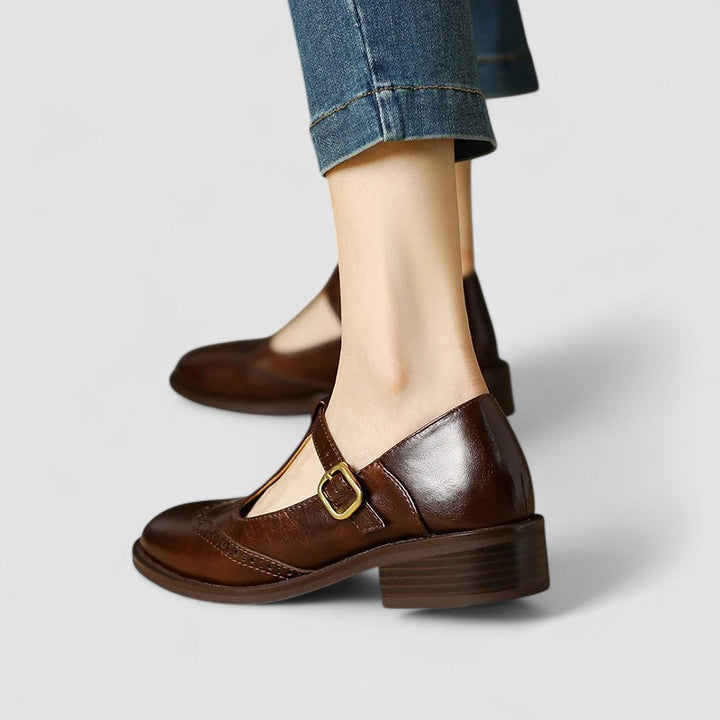 Women's Brogue Mary Jane Low Heels with T-Strap Buckle
