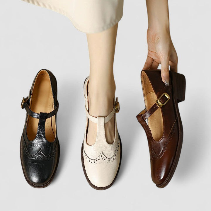 Women's Brogue Mary Jane Low Heels with T-Strap Buckle