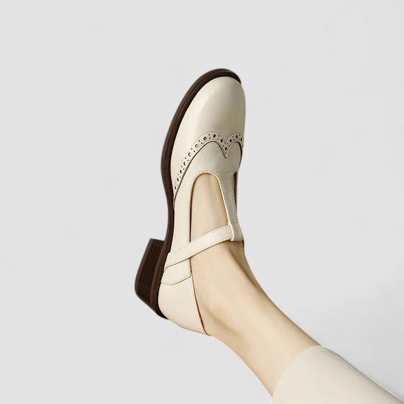 Women's Brogue Mary Jane Low Heels with T-Strap Buckle
