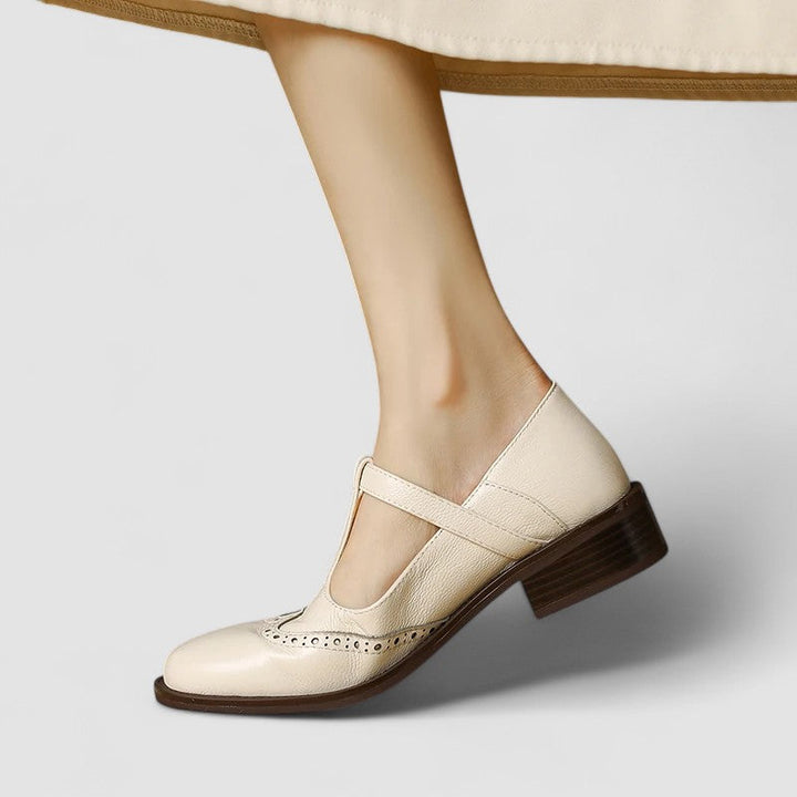 Women's Brogue Mary Jane Low Heels with T-Strap Buckle