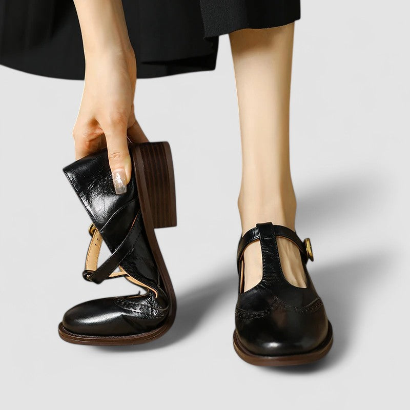 Women's Brogue Mary Jane Low Heels with T-Strap Buckle