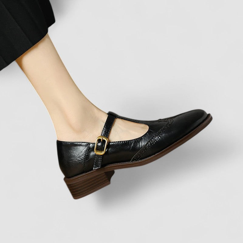 Women's Brogue Mary Jane Low Heels with T-Strap Buckle