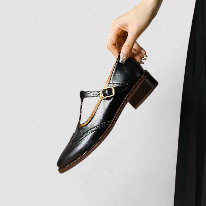 Women's Brogue Mary Jane Low Heels with T-Strap Buckle