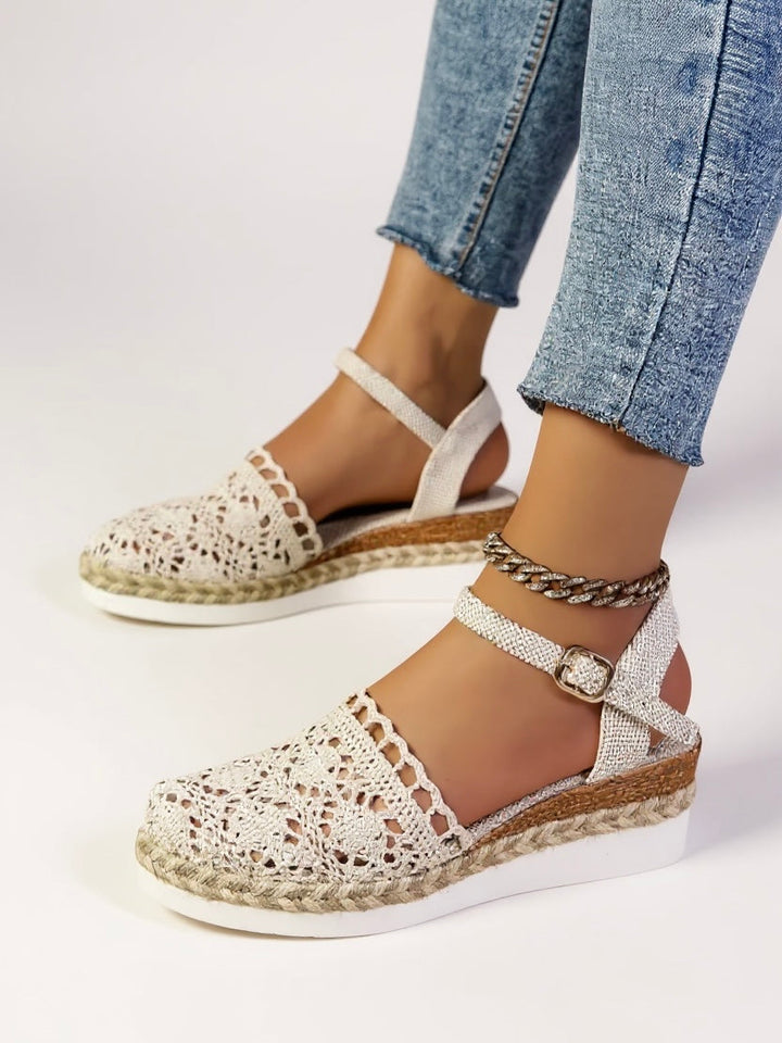 Women's Crochet Flatform Sandals with Ankle Buckle