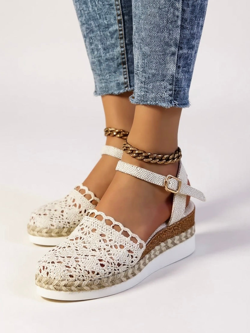 Women's Crochet Flatform Sandals with Ankle Buckle