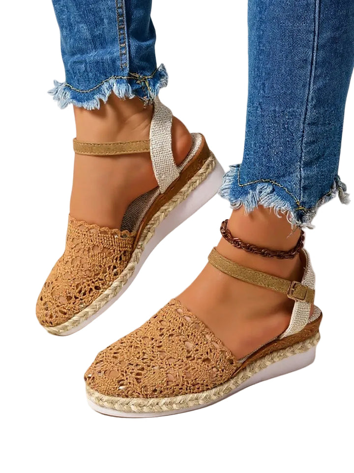 Women's Crochet Flatform Sandals with Ankle Buckle