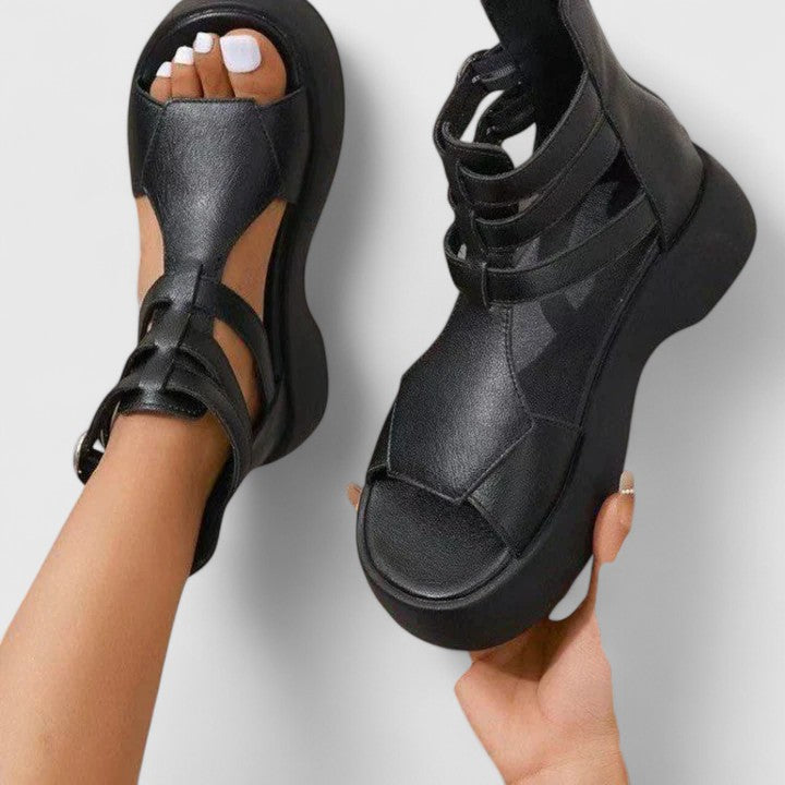 Women's Cross-Strap Platform Sandals with Buckle and Zipper
