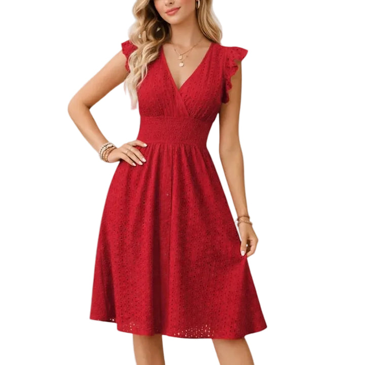 Women's Eyelet V-Neck Flared Midi Dress