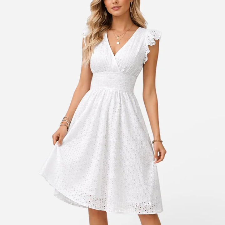 Women's Eyelet V-Neck Flared Midi Dress