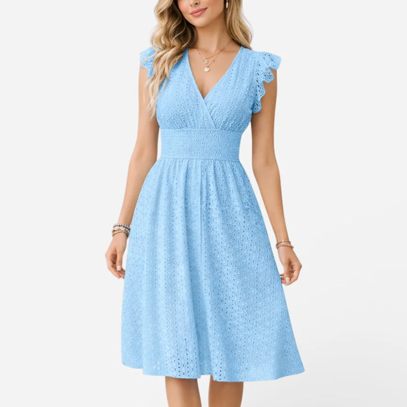 Women's Eyelet V-Neck Flared Midi Dress