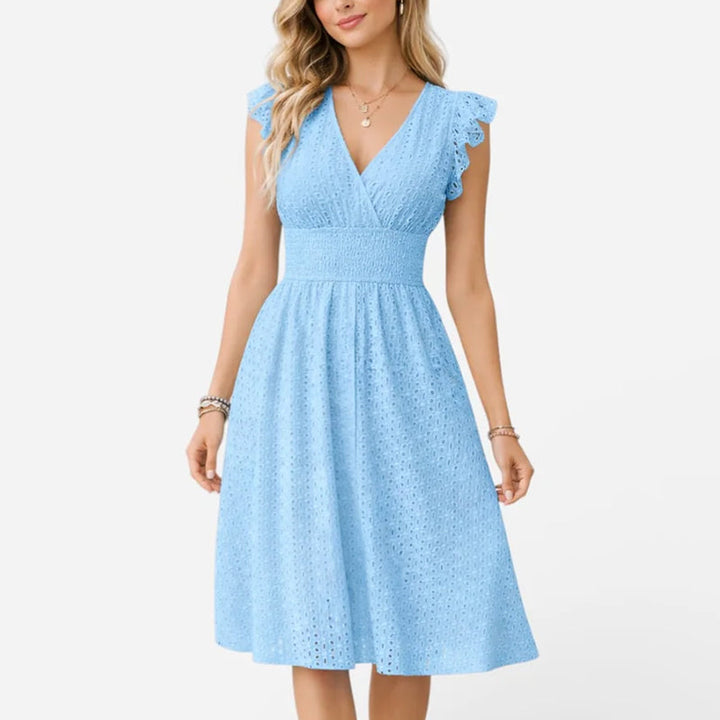 Women's Eyelet V-Neck Flared Midi Dress
