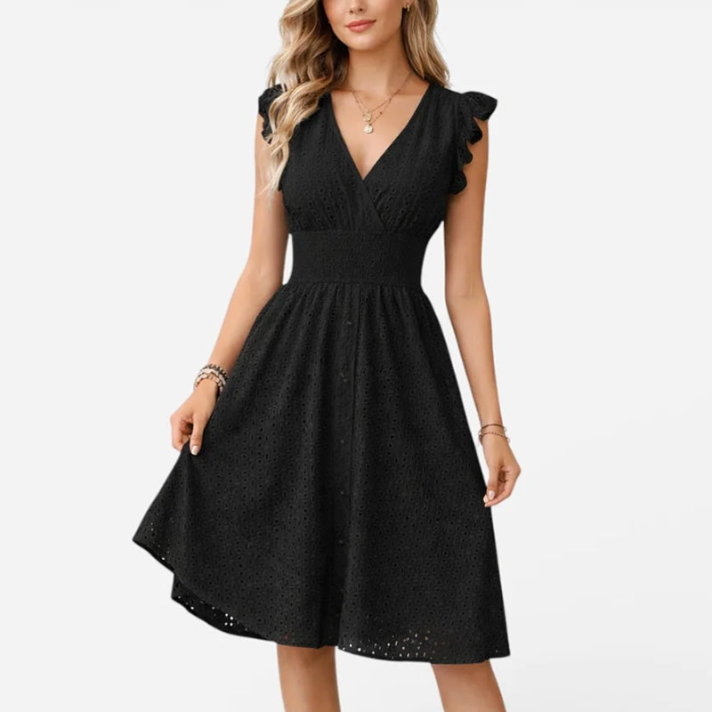 Women's Eyelet V-Neck Flared Midi Dress