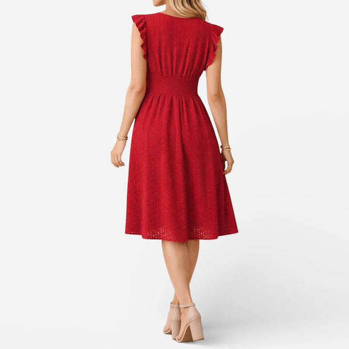 Women's Eyelet V-Neck Flared Midi Dress