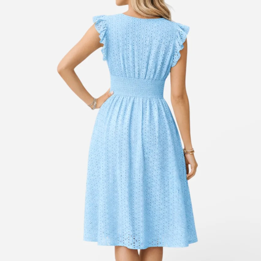 Women's Eyelet V-Neck Flared Midi Dress