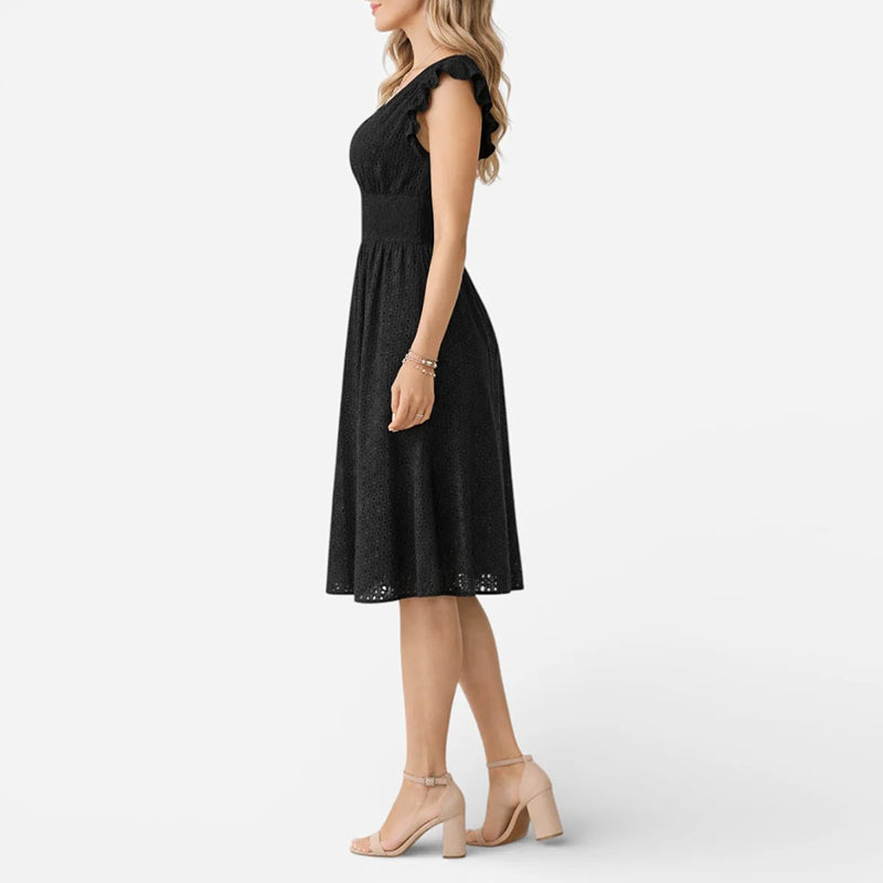 Women's Eyelet V-Neck Flared Midi Dress