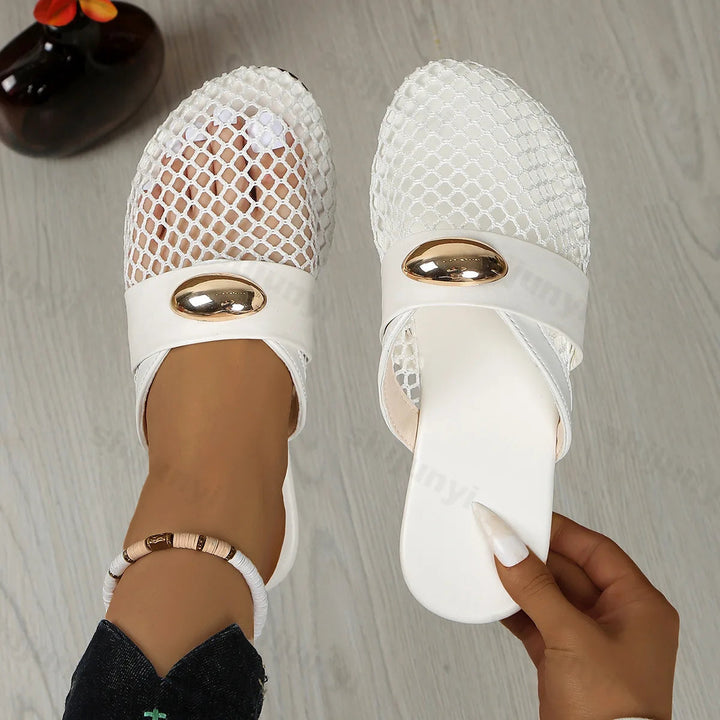 Women's Flat Round Toe Woven Upper Slip-On Mule