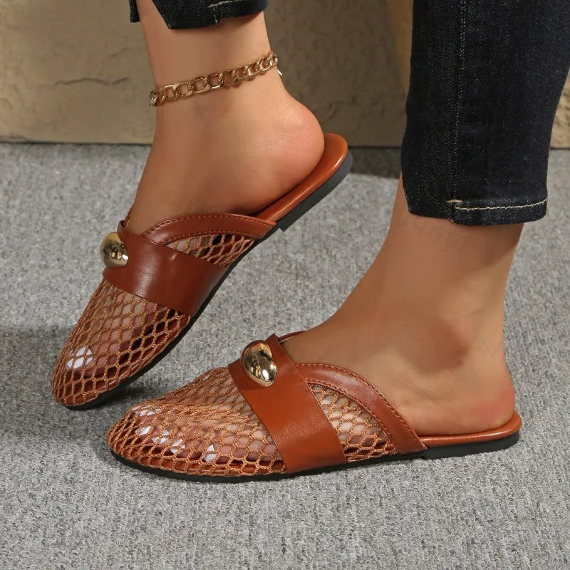 Women's Flat Round Toe Woven Upper Slip-On Mule