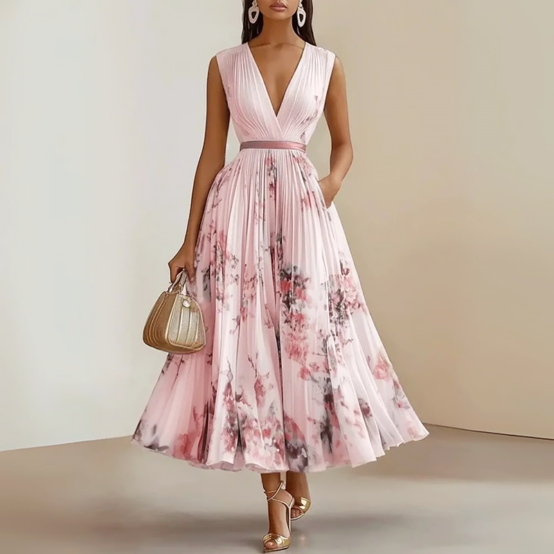 Women's Floral Pleated A-Line Midi Dress