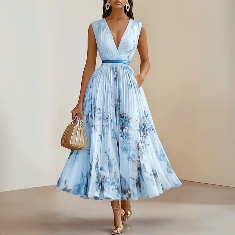 Women's Floral Pleated A-Line Midi Dress