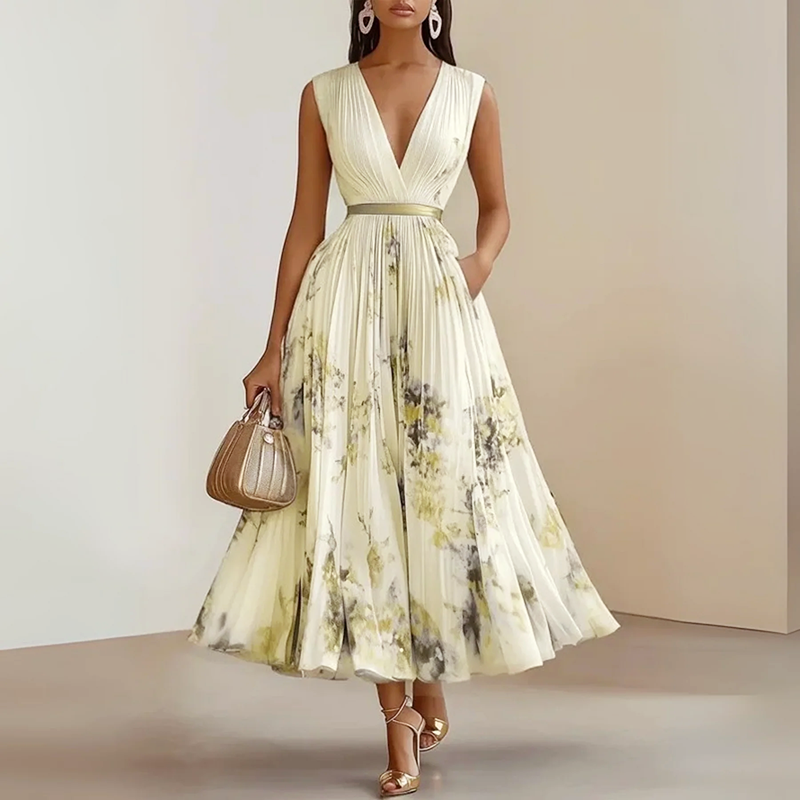 Women's Floral Pleated A-Line Midi Dress