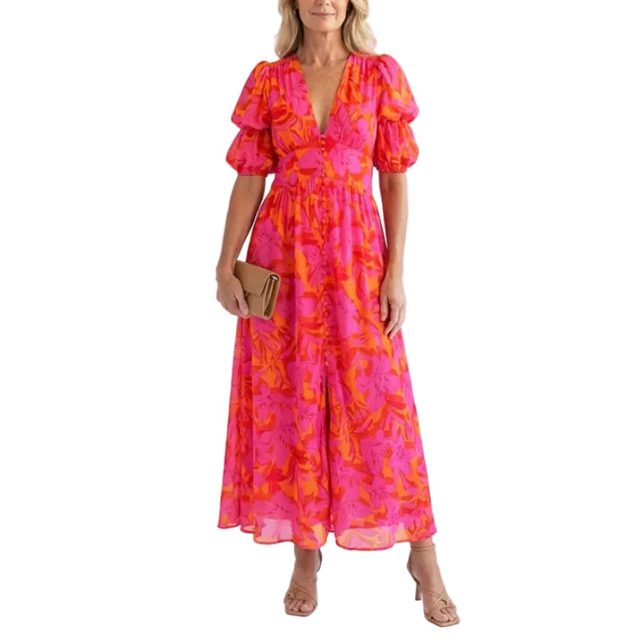 Women's Floral Puff Sleeve Midi Dress