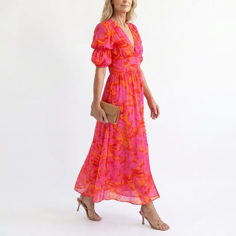 Women's Floral Puff Sleeve Midi Dress