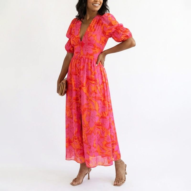 Women's Floral Puff Sleeve Midi Dress