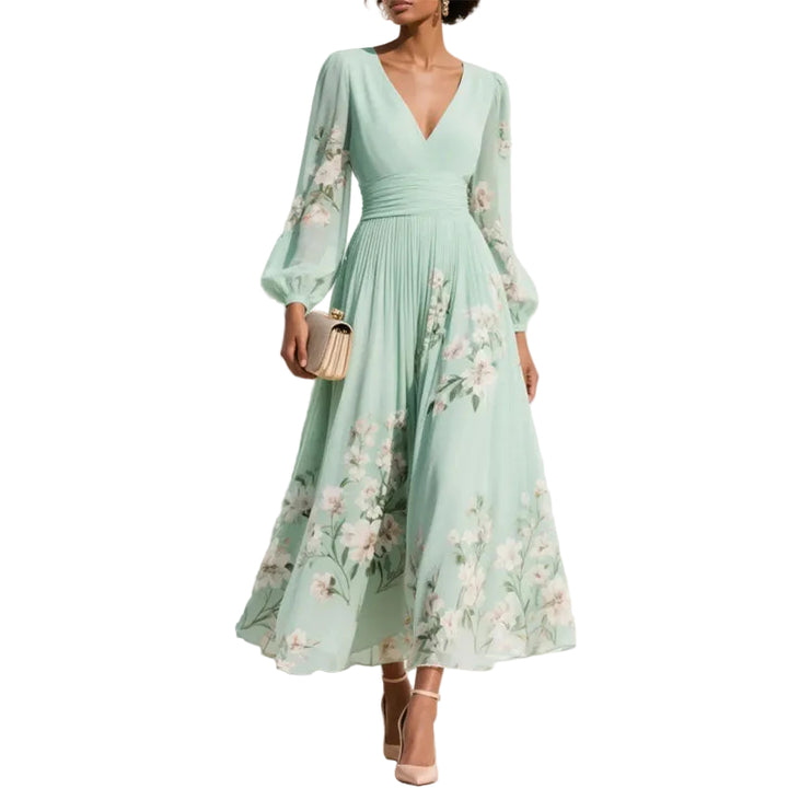 Women's Floral V-Neck Pleated Midi Dress